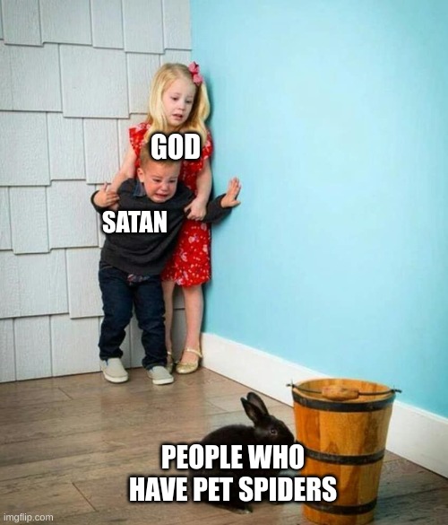 TELL ME WHYY | GOD; SATAN; PEOPLE WHO HAVE PET SPIDERS | image tagged in children scared of rabbit | made w/ Imgflip meme maker