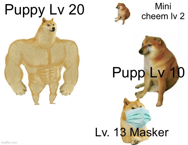 Buff Doge vs. Cheems Meme | Puppy Lv 20 Pupp Lv 10 Mini cheem lv 2 Lv. 13 Masker | image tagged in memes,buff doge vs cheems | made w/ Imgflip meme maker
