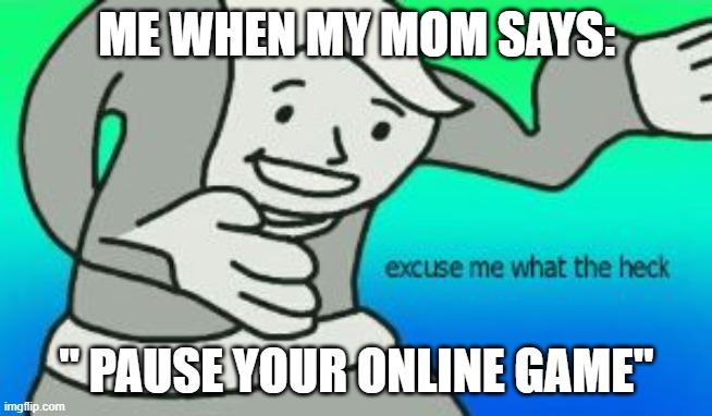 Say WHAT now | ME WHEN MY MOM SAYS:; " PAUSE YOUR ONLINE GAME" | image tagged in excuse me what the heck | made w/ Imgflip meme maker