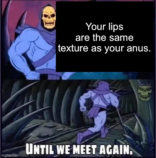 humorous title | Your lips are the same texture as your anus. | image tagged in until we meet again,memes,funny memes,funny,oh wow are you actually reading these tags | made w/ Imgflip meme maker