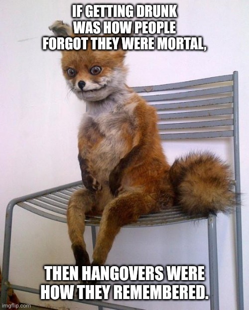 Hangovers, man. |  IF GETTING DRUNK WAS HOW PEOPLE FORGOT THEY WERE MORTAL, THEN HANGOVERS WERE HOW THEY REMEMBERED. | image tagged in stoned fox,drunk,hungover,hangover,booze,whiskey | made w/ Imgflip meme maker