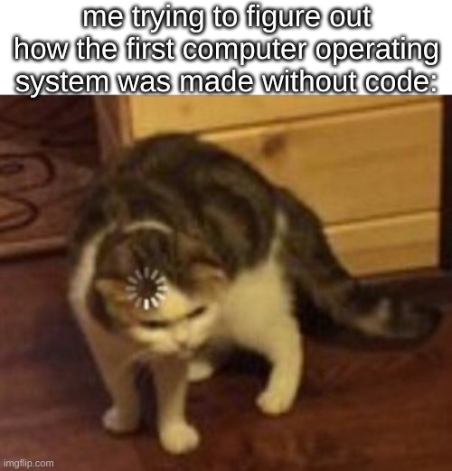 seriously, how? how do you write an operating system without an operating system??? | me trying to figure out how the first computer operating system was made without code: | image tagged in loading cat | made w/ Imgflip meme maker