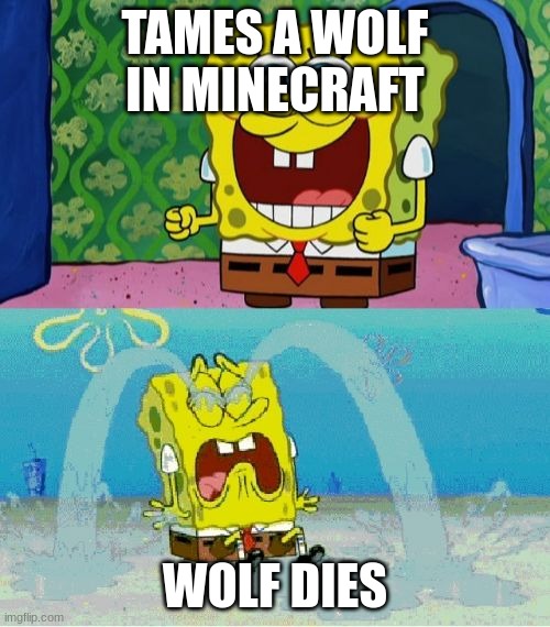 spongebob happy and sad | TAMES A WOLF IN MINECRAFT; WOLF DIES | image tagged in spongebob happy and sad | made w/ Imgflip meme maker