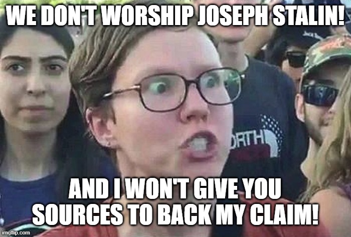 Triggered Liberal | WE DON'T WORSHIP JOSEPH STALIN! AND I WON'T GIVE YOU SOURCES TO BACK MY CLAIM! | image tagged in triggered liberal | made w/ Imgflip meme maker