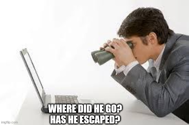 Searching Computer | WHERE DID HE GO?
HAS HE ESCAPED? | image tagged in searching computer | made w/ Imgflip meme maker