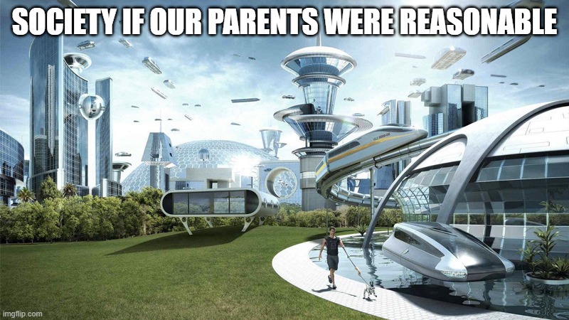 Wait, then did they have a reason to give birth to us, and did their parents have a reason to give birth to them?.... | SOCIETY IF OUR PARENTS WERE REASONABLE | image tagged in the future world if | made w/ Imgflip meme maker