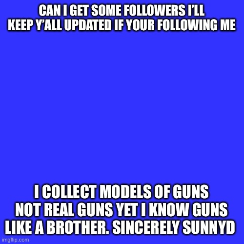 Blank Transparent Square Meme | CAN I GET SOME FOLLOWERS I’LL KEEP Y’ALL UPDATED IF YOUR FOLLOWING ME; I COLLECT MODELS OF GUNS NOT REAL GUNS YET I KNOW GUNS LIKE A BROTHER. SINCERELY SUNNYD | image tagged in memes,blank transparent square | made w/ Imgflip meme maker