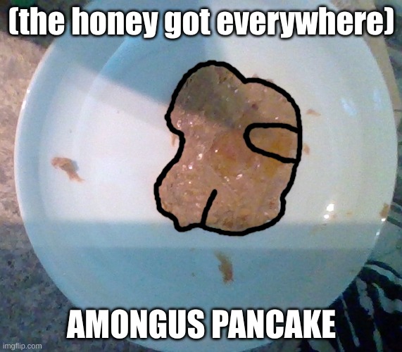 CAKE | (the honey got everywhere); AMONGUS PANCAKE | image tagged in sus | made w/ Imgflip meme maker