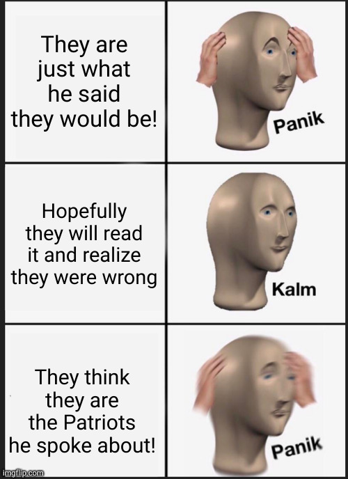 Panik Kalm Panik Meme | They are just what he said they would be! Hopefully they will read it and realize they were wrong They think they are the Patriots he spoke  | image tagged in memes,panik kalm panik | made w/ Imgflip meme maker