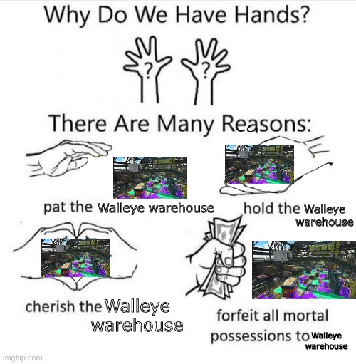 if it's not in Splatoon 3 i'm killing somone | Walleye warehouse; Walleye warehouse; Walleye warehouse; Walleye warehouse | image tagged in why do we have hands | made w/ Imgflip meme maker