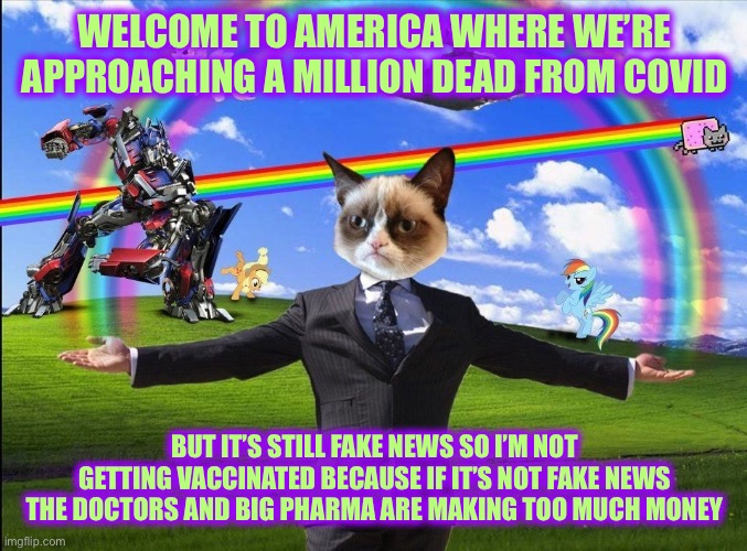 Welcome to the Internet | WELCOME TO AMERICA WHERE WE’RE APPROACHING A MILLION DEAD FROM COVID; BUT IT’S STILL FAKE NEWS SO I’M NOT GETTING VACCINATED BECAUSE IF IT’S NOT FAKE NEWS THE DOCTORS AND BIG PHARMA ARE MAKING TOO MUCH MONEY | image tagged in welcome to the internet,covid,sarcasm,memes,funny,vaccines | made w/ Imgflip meme maker