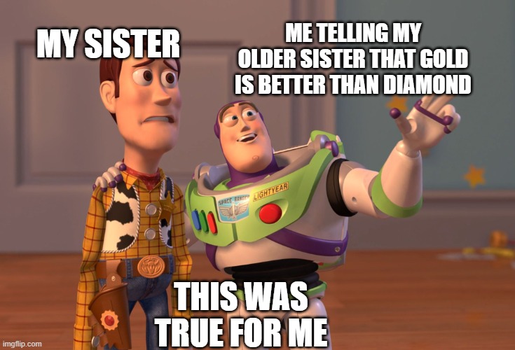 X, X Everywhere Meme | MY SISTER; ME TELLING MY OLDER SISTER THAT GOLD IS BETTER THAN DIAMOND; THIS WAS TRUE FOR ME | image tagged in memes,x x everywhere | made w/ Imgflip meme maker
