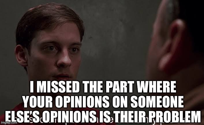 I missed the part | I MISSED THE PART WHERE YOUR OPINIONS ON SOMEONE ELSE’S OPINIONS IS THEIR PROBLEM | image tagged in i missed the part | made w/ Imgflip meme maker