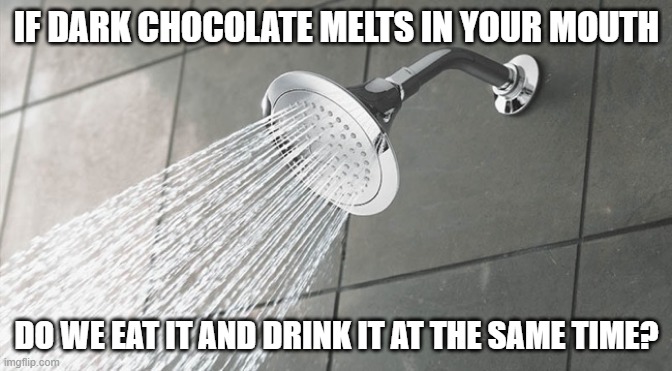 Shower Thoughts | IF DARK CHOCOLATE MELTS IN YOUR MOUTH; DO WE EAT IT AND DRINK IT AT THE SAME TIME? | image tagged in shower thoughts | made w/ Imgflip meme maker