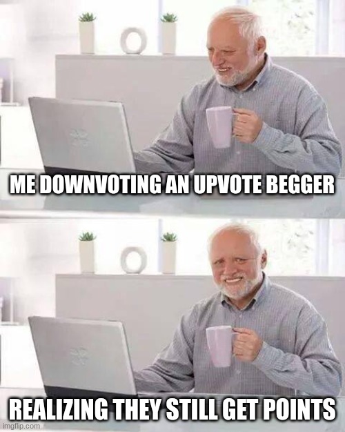 #STOP BEGGING FOR UPVOTES! | ME DOWNVOTING AN UPVOTE BEGGER; REALIZING THEY STILL GET POINTS | image tagged in memes,hide the pain harold | made w/ Imgflip meme maker