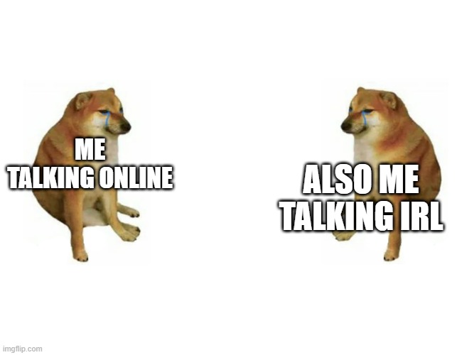 I suck at socializing | ME TALKING ONLINE; ALSO ME TALKING IRL | image tagged in 2 cheems | made w/ Imgflip meme maker