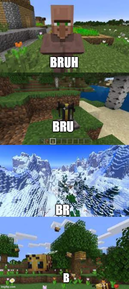 Use that smart brain of yours to figure out what the misspellings of bruh mean for each image | BRUH; BRU; BR; B | image tagged in minecraft,surreal,bruh | made w/ Imgflip meme maker