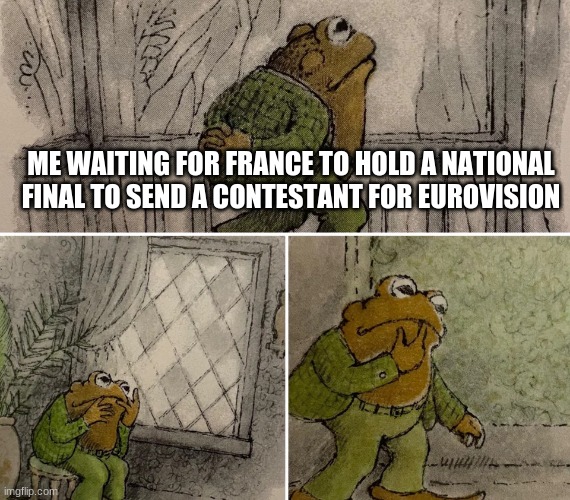 According to the wiki page, France announced that they will hold a NF but on a TBC date because of the delay because of JESC |  ME WAITING FOR FRANCE TO HOLD A NATIONAL FINAL TO SEND A CONTESTANT FOR EUROVISION | image tagged in sad frog,memes,eurovision,france,singer | made w/ Imgflip meme maker