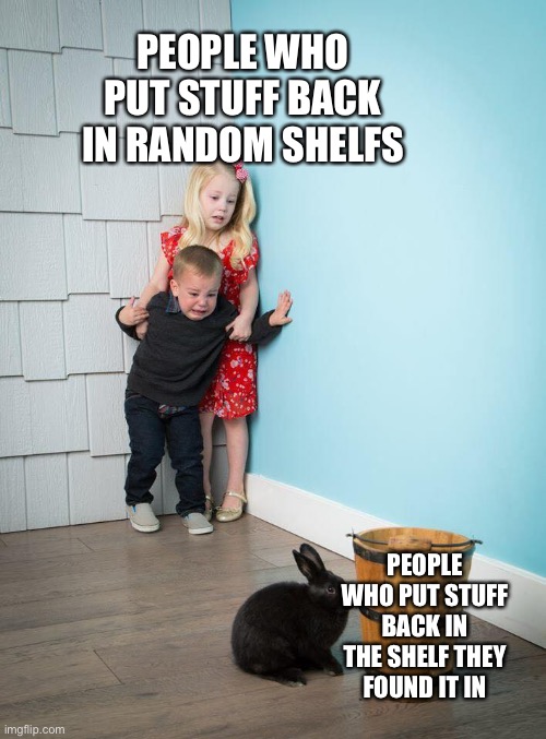 how do u do that | PEOPLE WHO PUT STUFF BACK IN RANDOM SHELFS; PEOPLE WHO PUT STUFF BACK IN THE SHELF THEY FOUND IT IN | image tagged in kids afraid of rabbit,funny memes | made w/ Imgflip meme maker