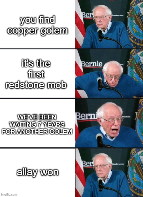 Bernie Sander Reaction (change) | you find copper golem; it's the first redstone mob; WE'VE BEEN WAITING 7 YEARS FOR ANOTHER GOLEM; allay won | image tagged in bernie sander reaction change | made w/ Imgflip meme maker
