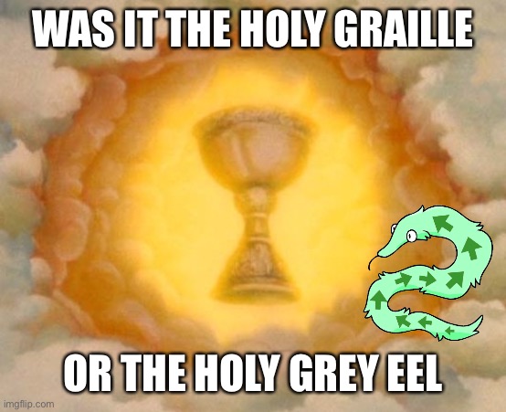 Holy grail??? | WAS IT THE HOLY GRAILLE; OR THE HOLY GREY EEL | image tagged in holy grail,misunderstanding,misunderstood,pie charts,expanding brain,you had one job | made w/ Imgflip meme maker