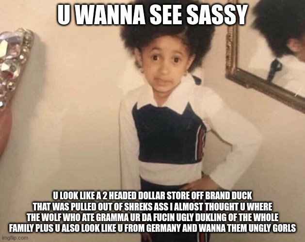 sassy | U WANNA SEE SASSY; U LOOK LIKE A 2 HEADED DOLLAR STORE OFF BRAND DUCK THAT WAS PULLED OUT OF SHREKS ASS I ALMOST THOUGHT U WHERE THE WOLF WHO ATE GRAMMA UR DA FUCIN UGLY DUKLING OF THE WHOLE FAMILY PLUS U ALSO LOOK LIKE U FROM GERMANY AND WANNA THEM UNGLY GORLS | image tagged in my momma said | made w/ Imgflip meme maker