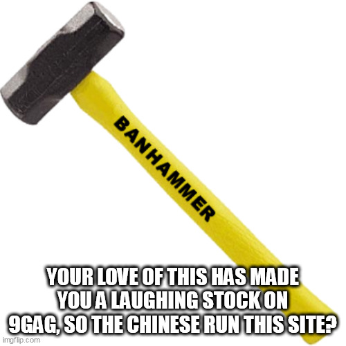 The Ban Hammer | YOUR LOVE OF THIS HAS MADE YOU A LAUGHING STOCK ON 9GAG, SO THE CHINESE RUN THIS SITE? | image tagged in the ban hammer | made w/ Imgflip meme maker