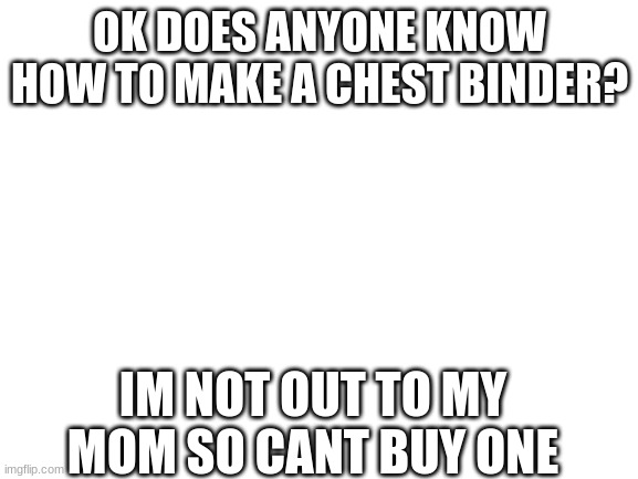 any tips? | OK DOES ANYONE KNOW HOW TO MAKE A CHEST BINDER? IM NOT OUT TO MY MOM SO CANT BUY ONE | image tagged in blank white template | made w/ Imgflip meme maker