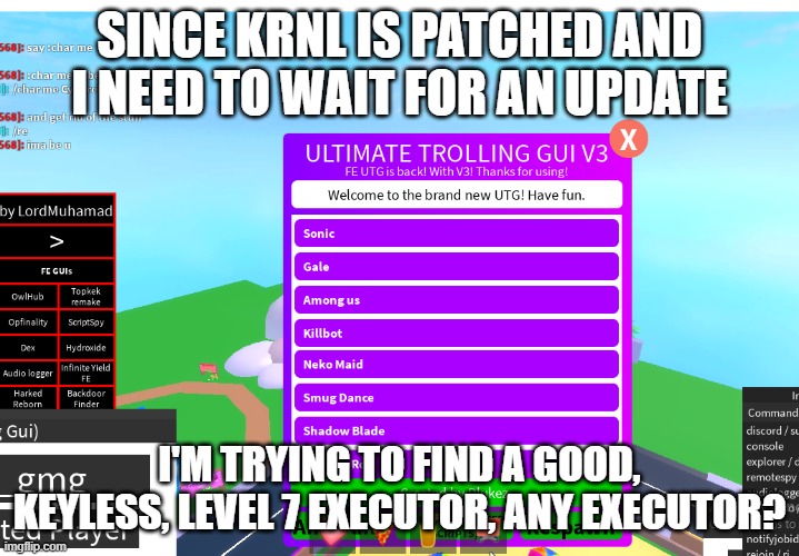 troll time | SINCE KRNL IS PATCHED AND I NEED TO WAIT FOR AN UPDATE; I'M TRYING TO FIND A GOOD, KEYLESS, LEVEL 7 EXECUTOR, ANY EXECUTOR? | image tagged in troll time | made w/ Imgflip meme maker