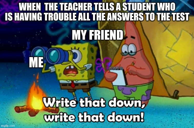 write that down | WHEN  THE TEACHER TELLS A STUDENT WHO IS HAVING TROUBLE ALL THE ANSWERS TO THE TEST; MY FRIEND; ME | image tagged in write that down | made w/ Imgflip meme maker