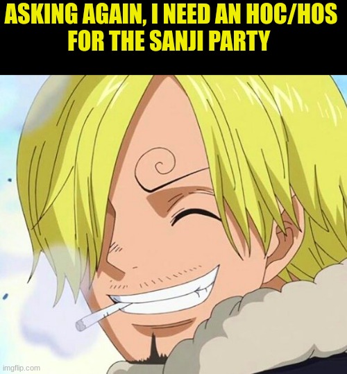 Please | ASKING AGAIN, I NEED AN HOC/HOS
FOR THE SANJI PARTY | image tagged in sanji death smile | made w/ Imgflip meme maker