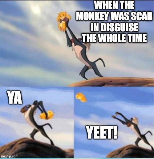 lion being yeeted | WHEN THE MONKEY WAS SCAR IN DISGUISE THE WHOLE TIME; YA; YEET! | image tagged in lion being yeeted | made w/ Imgflip meme maker