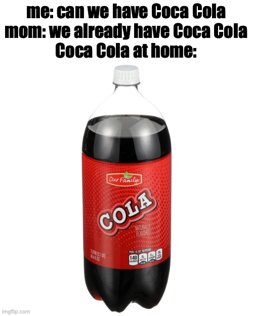 Get Coke, not Our Family Cola | me: can we have Coca Cola
mom: we already have Coca Cola
Coca Cola at home: | image tagged in our family cola,mom can we have,soda | made w/ Imgflip meme maker