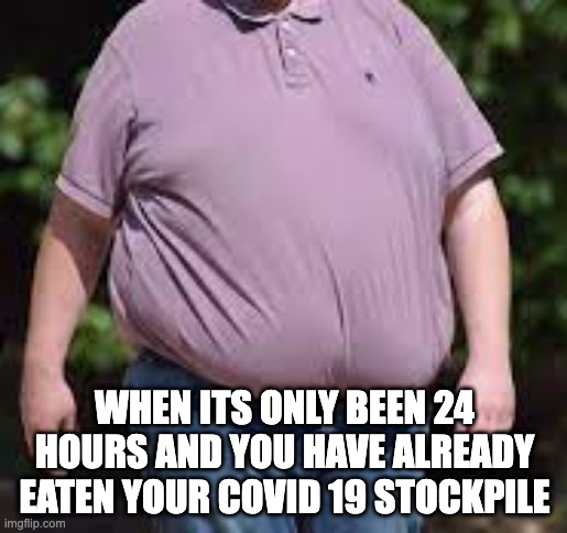 WHEN ITS ONLY BEEN 24 HOURS AND YOU HAVE ALREADY EATEN YOUR COVID 19 STOCKPILE | image tagged in fat man meme,coronavirus | made w/ Imgflip meme maker