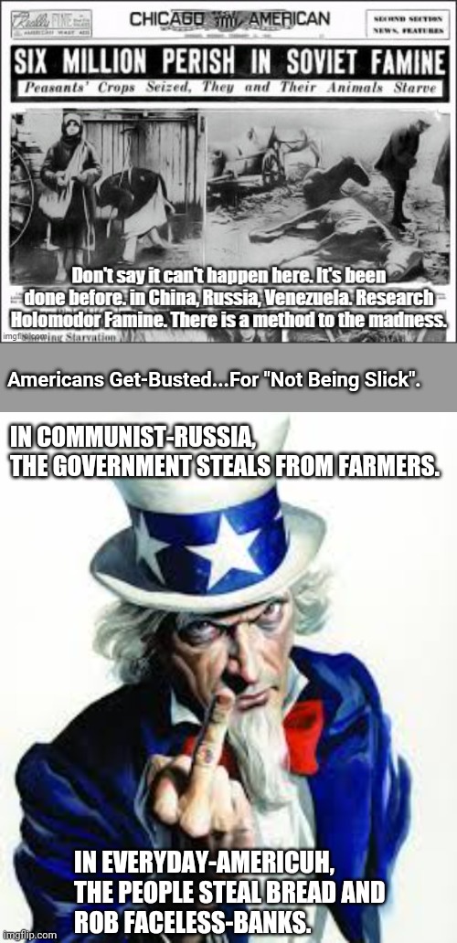 IN COMMUNIST-RUSSIA, 
THE GOVERNMENT STEALS FROM FARMERS. IN EVERYDAY-AMERICUH,
THE PEOPLE STEAL BREAD AND 
ROB FACELESS-BANKS. Americans Ge | made w/ Imgflip meme maker