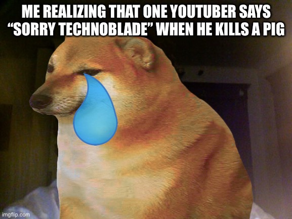 Oof | ME REALIZING THAT ONE YOUTUBER SAYS “SORRY TECHNOBLADE” WHEN HE KILLS A PIG | image tagged in pig | made w/ Imgflip meme maker