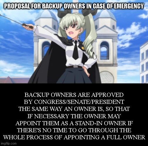 Thought this might be good to think ahead on just in case. Congress and senate please vote yes. | PROPOSAL FOR BACKUP OWNERS IN CASE OF EMERGENCY; BACKUP OWNERS ARE APPROVED BY CONGRESS/SENATE/PRESIDENT THE SAME WAY AN OWNER IS, SO THAT IF NECESSARY THE OWNER MAY APPOINT THEM AS A STAND-IN OWNER IF THERE'S NO TIME TO GO THROUGH THE WHOLE PROCESS OF APPOINTING A FULL OWNER | made w/ Imgflip meme maker