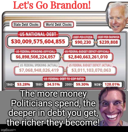 Thanks Brandon national debt | Let's Go Brandon! The more money Politicians spend, the deeper in debt you get, the richer they become! | image tagged in blank grey,black box meme | made w/ Imgflip meme maker