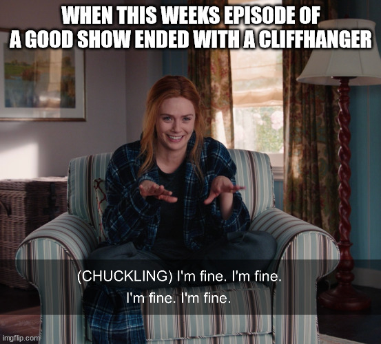 Wanda Vision | WHEN THIS WEEKS EPISODE OF A GOOD SHOW ENDED WITH A CLIFFHANGER | image tagged in wanda vision | made w/ Imgflip meme maker