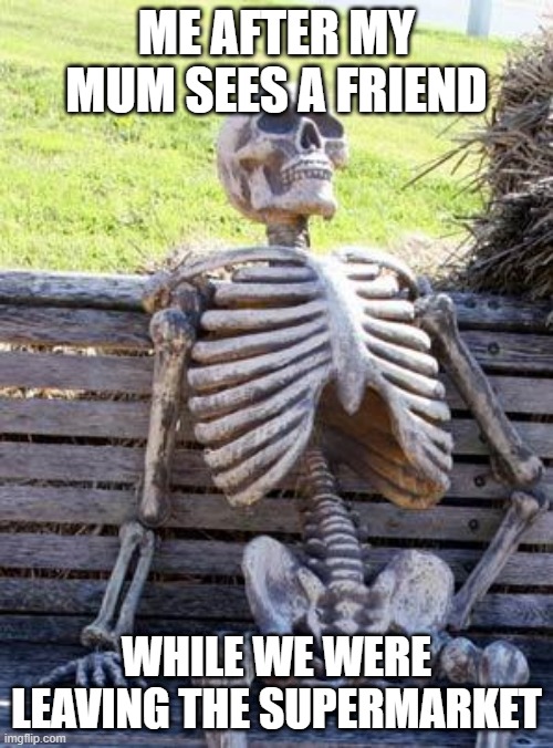 50 hours later | ME AFTER MY MUM SEES A FRIEND; WHILE WE WERE LEAVING THE SUPERMARKET | image tagged in memes,waiting skeleton | made w/ Imgflip meme maker