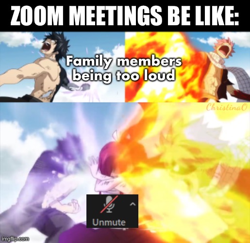 Zoom meetings- Fairy Tail Meme | ZOOM MEETINGS BE LIKE:; Family members being too loud; ChristinaO | image tagged in memes,fairy tail meme,online school,anime,fairy tail,covid-19 | made w/ Imgflip meme maker