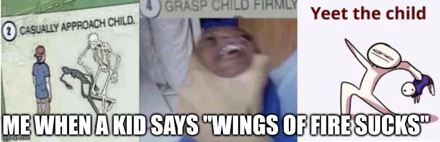 Casually Approach Child, Grasp Child Firmly, Yeet the Child | ME WHEN A KID SAYS "WINGS OF FIRE SUCKS" | image tagged in casually approach child grasp child firmly yeet the child | made w/ Imgflip meme maker