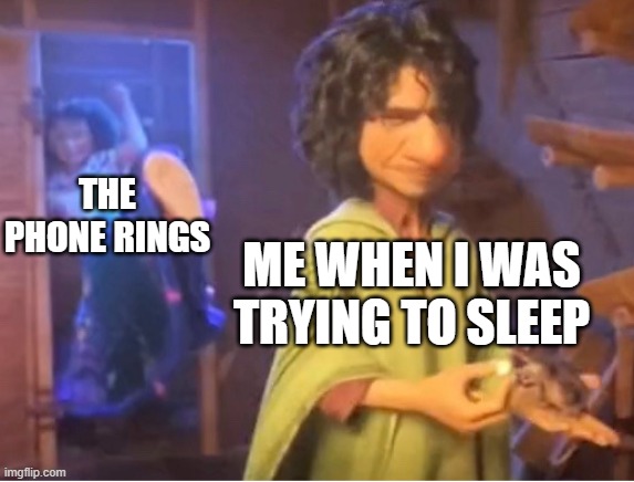 true | THE PHONE RINGS; ME WHEN I WAS TRYING TO SLEEP | image tagged in encanto meme | made w/ Imgflip meme maker
