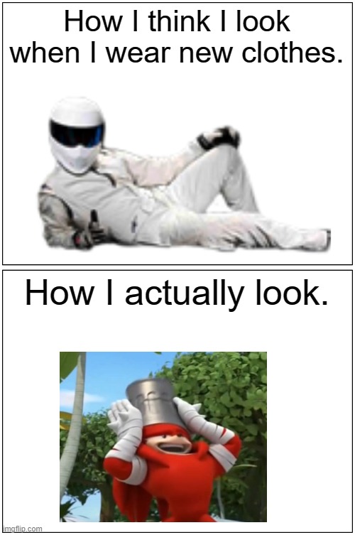Expectations vs reality | How I think I look when I wear new clothes. How I actually look. | image tagged in memes,blank comic panel 1x2 | made w/ Imgflip meme maker