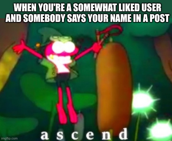 b | WHEN YOU'RE A SOMEWHAT LIKED USER AND SOMEBODY SAYS YOUR NAME IN A POST | image tagged in sprig ascends | made w/ Imgflip meme maker