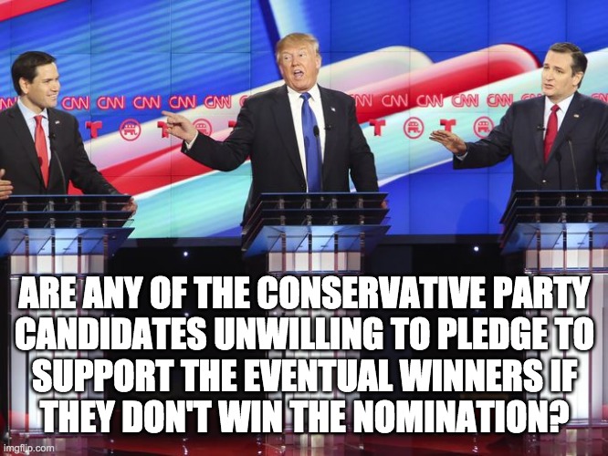 I want to ensure that the party remains unified after the primaries. So is anyone unwilling to make that pledge? | ARE ANY OF THE CONSERVATIVE PARTY
CANDIDATES UNWILLING TO PLEDGE TO
SUPPORT THE EVENTUAL WINNERS IF
THEY DON'T WIN THE NOMINATION? | image tagged in memes,politics,election,republican debate | made w/ Imgflip meme maker