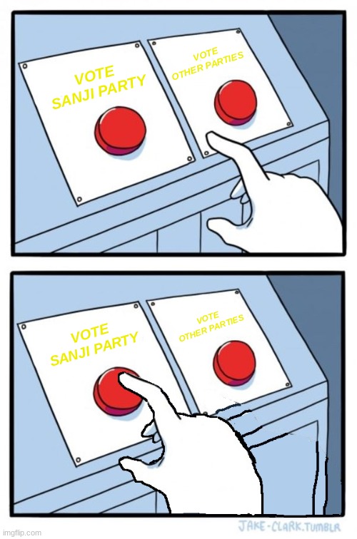 vote for me | VOTE OTHER PARTIES; VOTE SANJI PARTY; VOTE OTHER PARTIES; VOTE SANJI PARTY | image tagged in two buttons one pressed | made w/ Imgflip meme maker