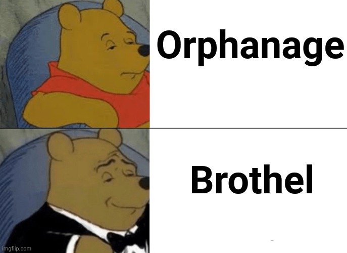 Tuxedo Winnie The Pooh Meme | Orphanage Brothel | image tagged in memes,tuxedo winnie the pooh | made w/ Imgflip meme maker