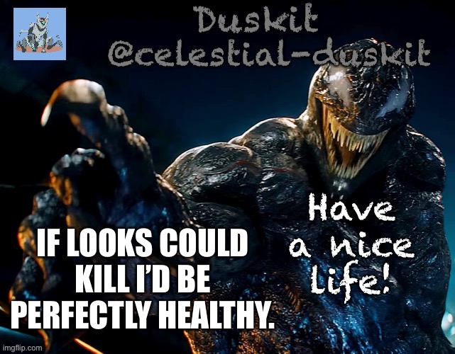 Duskit’s riot temp | IF LOOKS COULD KILL I’D BE PERFECTLY HEALTHY. | image tagged in duskit s riot temp | made w/ Imgflip meme maker
