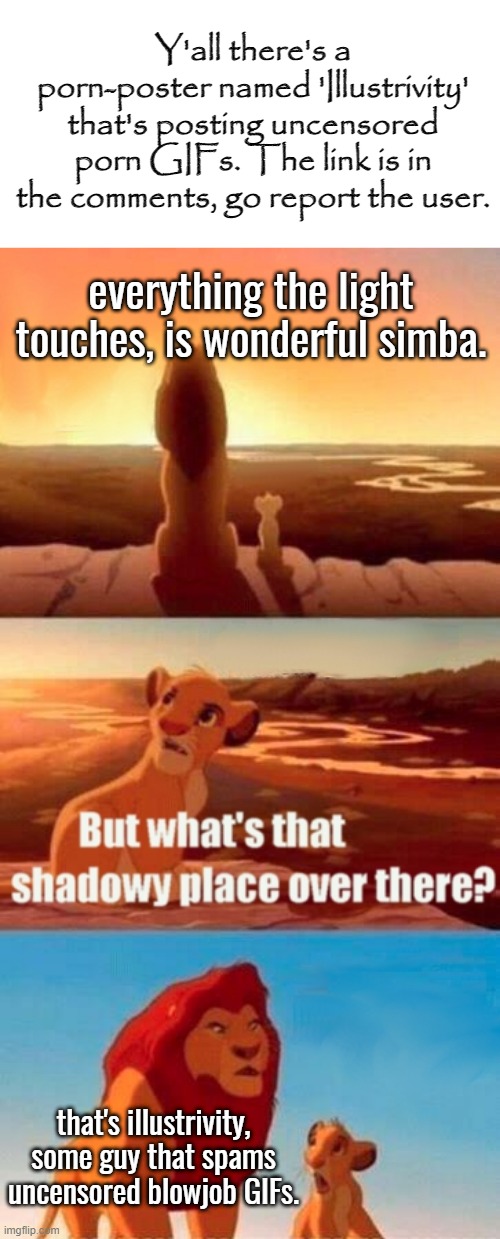 Simba Shadowy Place | Y'all there's a porn-poster named 'Illustrivity' that's posting uncensored porn GIFs. The link is in the comments, go report the user. everything the light touches, is wonderful simba. that's illustrivity, some guy that spams uncensored blowjob GIFs. | image tagged in memes,simba shadowy place | made w/ Imgflip meme maker